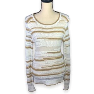 a.n.a White Tan Netted Crochet Cotton Striped Sweater Mesh Knit Medium EUC